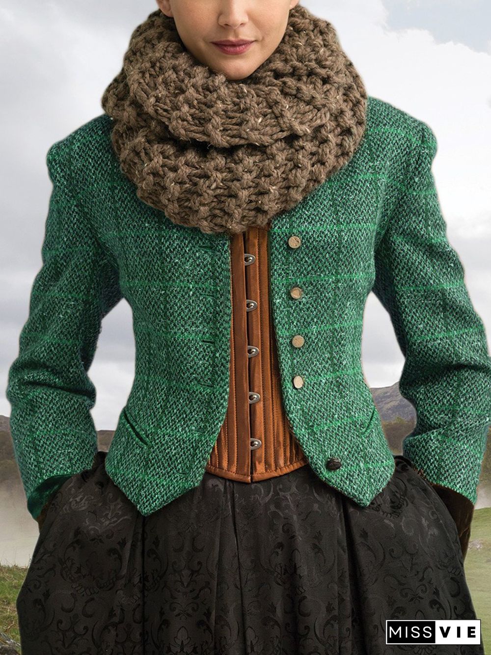Brown Paneled Long Sleeve Plaid Knit coat