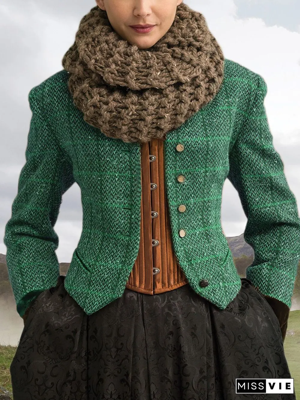 Brown Paneled Long Sleeve Plaid Knit coat