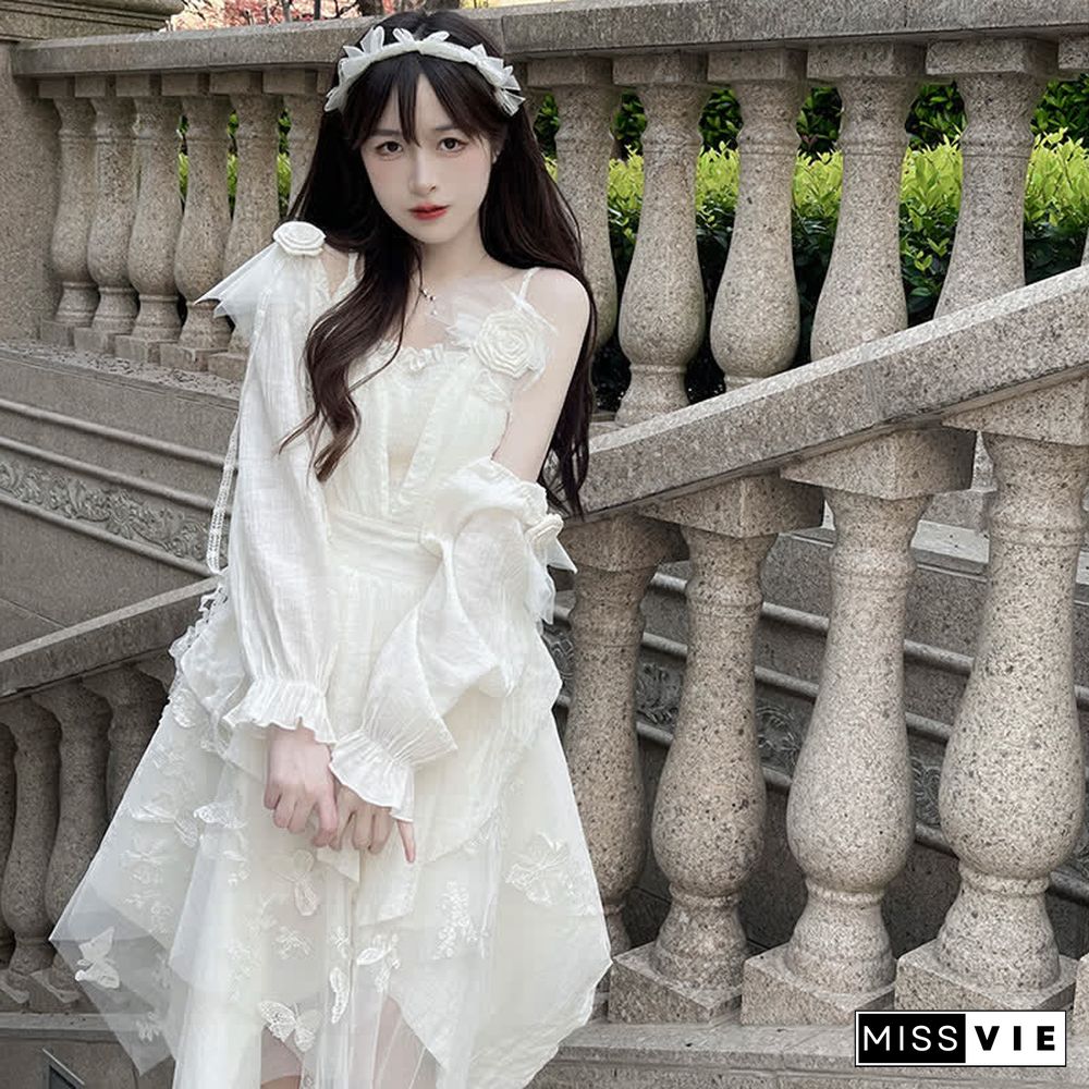 Irregular Embroidery Flower Decor Tulle Slip Dress