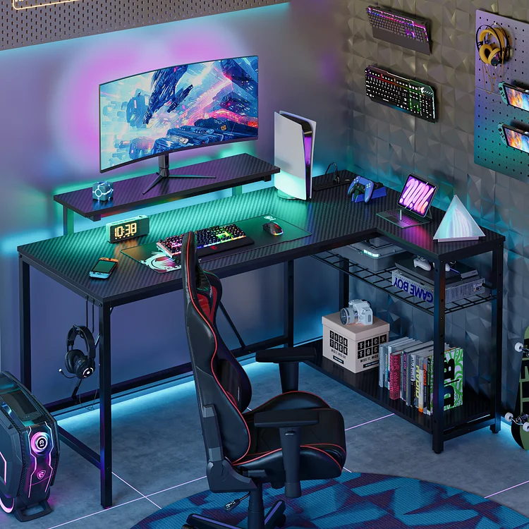 Bestier 52" Gaming Desk with LED Lights L Shaped Desk with Power Outlet & Monitor Stand Corner Computer Desk