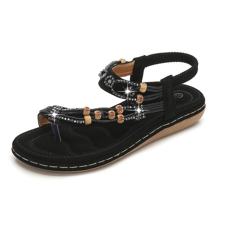 Women's boho beads rhinestone ring toe sandals elastic ankle strap sandals
