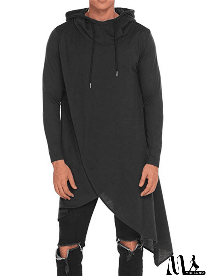 MidiSono - Men's Casual Fashion Irregular Hem Design Hooded Drawstring Sweatshirt
