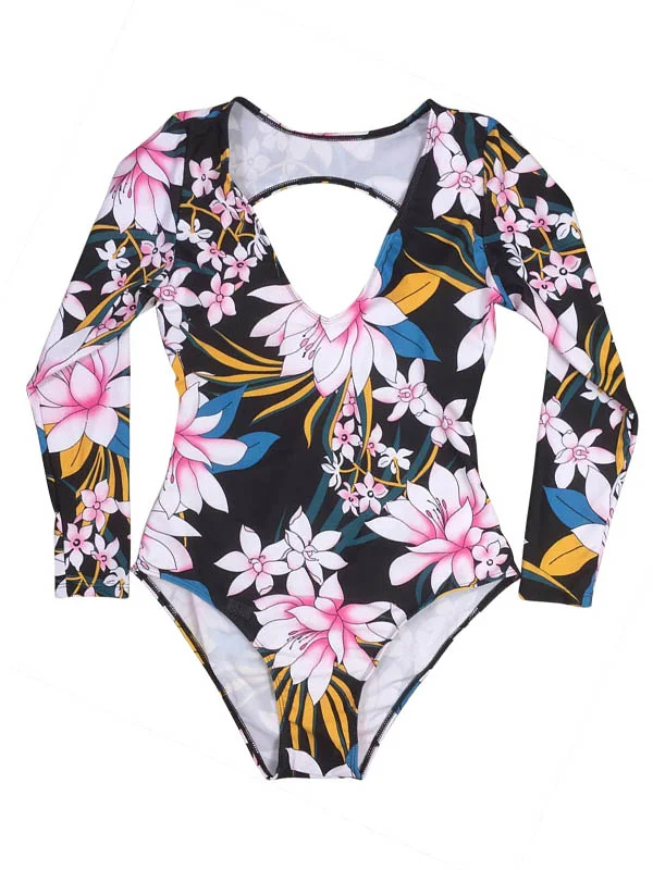 One-Piece Long Sleeve Deep V-Neck Floral Printed Backless Wetsuit