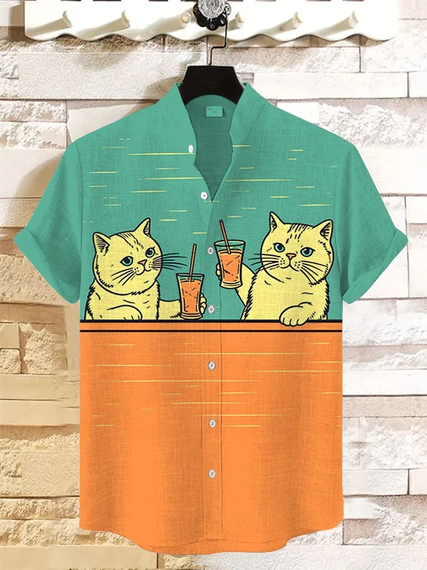 Men's Cocktail Cheers Cat Vintage Style Illustration Print Linen Blend Shirt