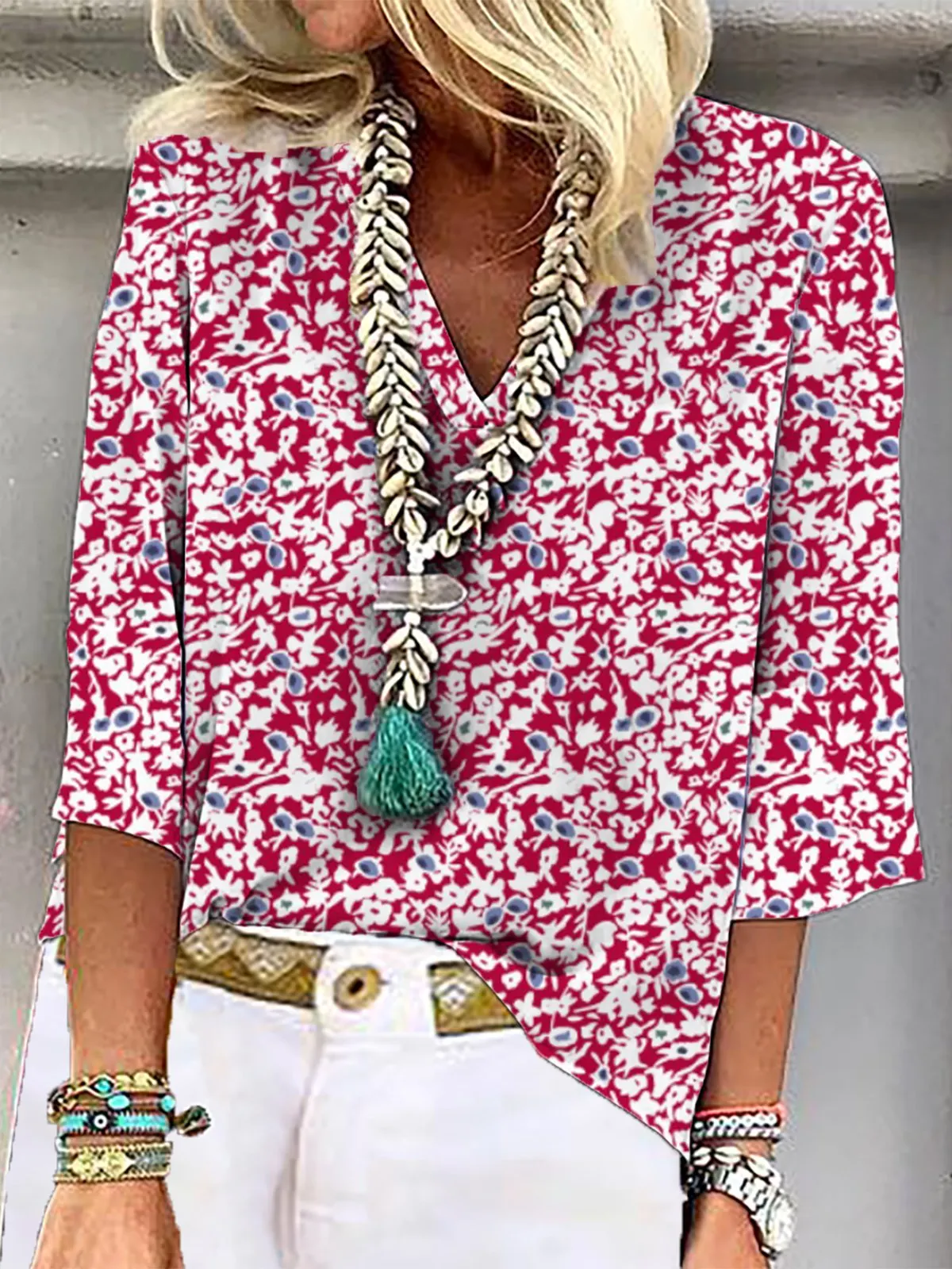 V Neck Floral Casual Tops