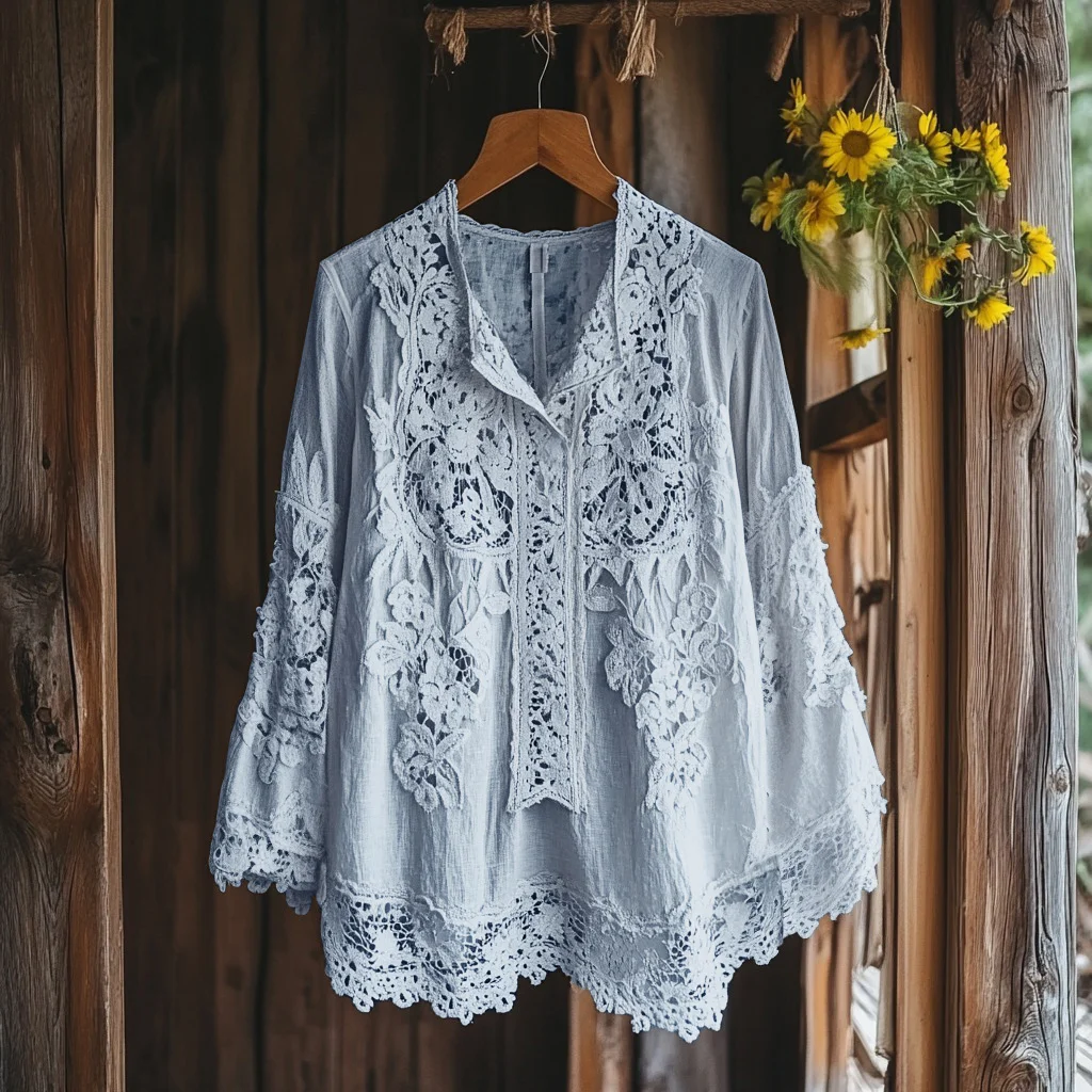 Women's Retro Floral Lace Embroidery Art V-neck Shirt