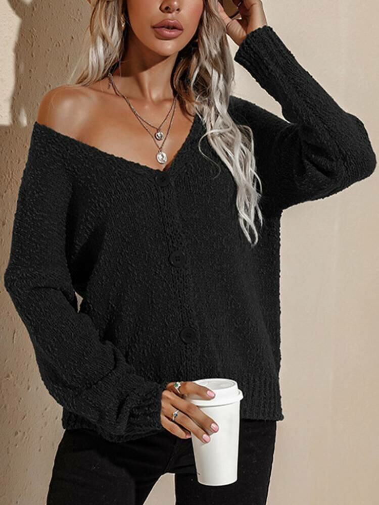V-neck Long Sleeve Button Women Solid Knitted Cardigan - Shop Trendy Women's Fashion | TeeYours