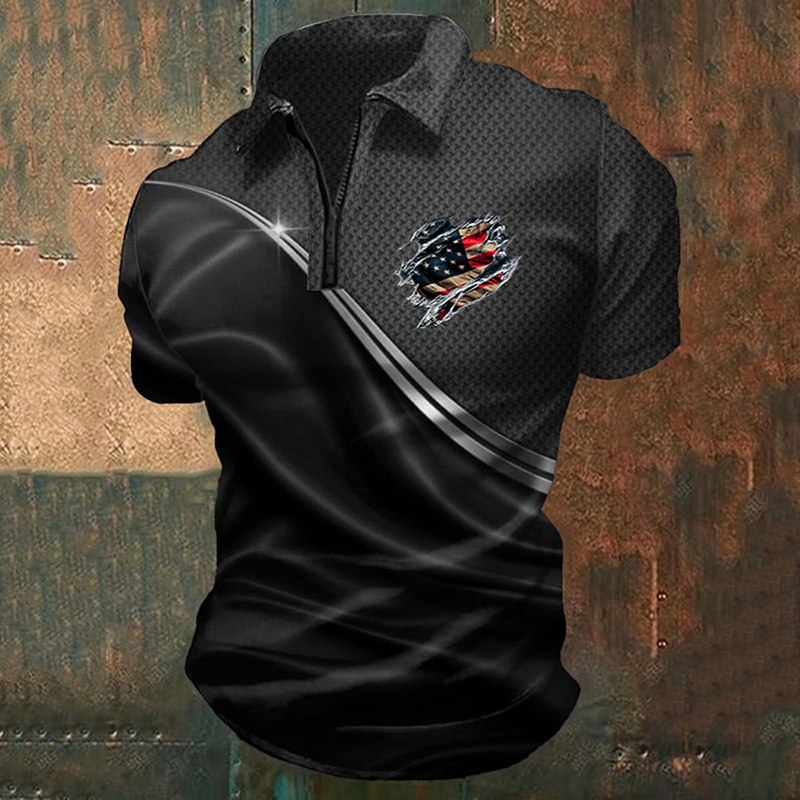  Men's Casual Independence Day Flag Print Zipper Polo Shirt Westsshops