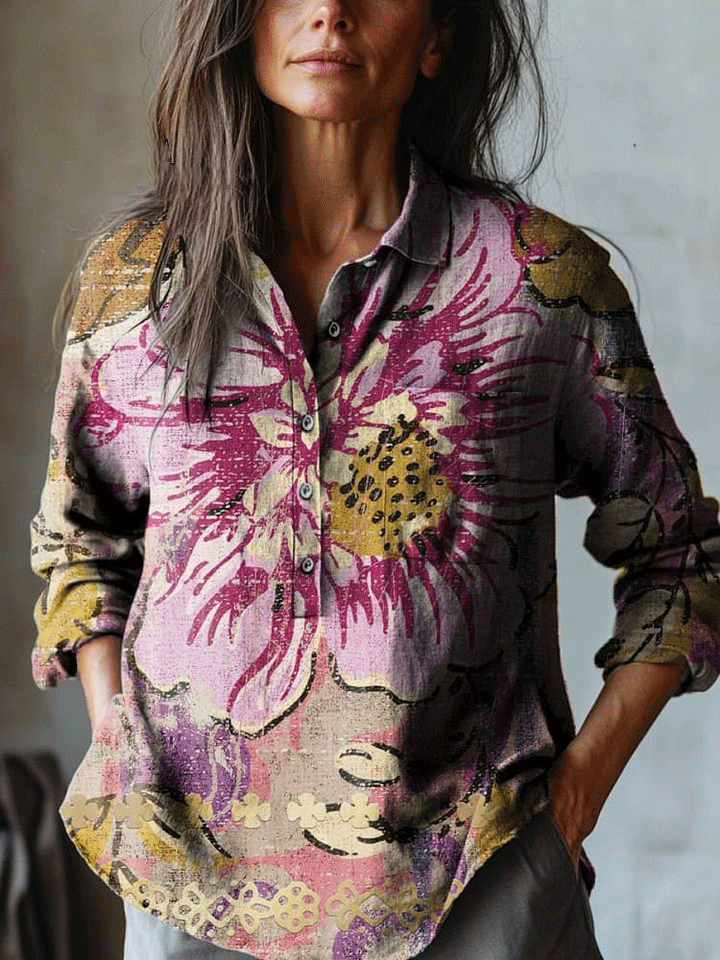 Women's Vintage Flower Art Print Casual Cotton And Linen Shirt