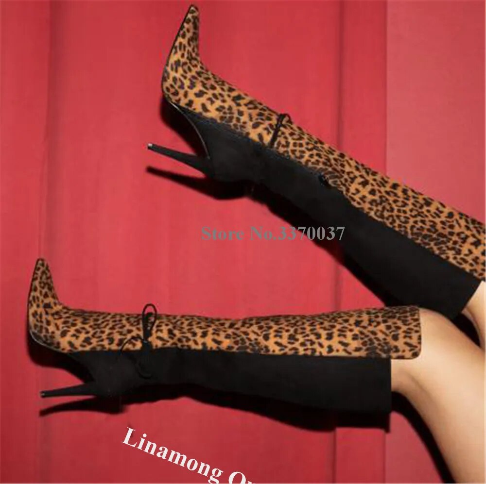 VCSHOES Leopard Black Suede Knee High Boots Pointed Toe Patchwork Printed Stiletto Heel Long Boots Party Dress Heels