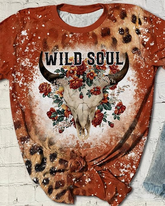 Wild Soul Bull Skull Flowers Leopard Print T-shirt
