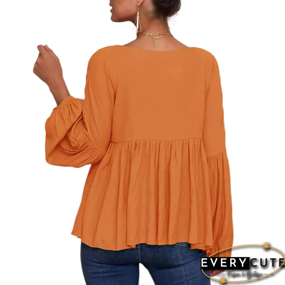 Orange V Neck Ruffled Puff Sleeve Blouse