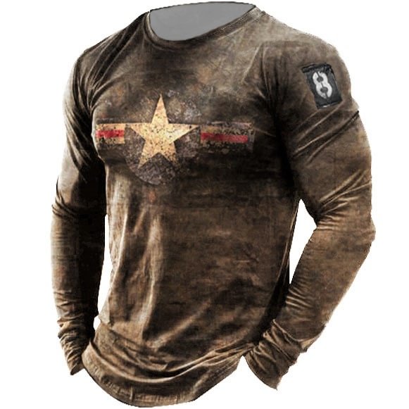 Mens Outdoor Retro American Stars Print Long Sleeve Sports Top-Compassnice®