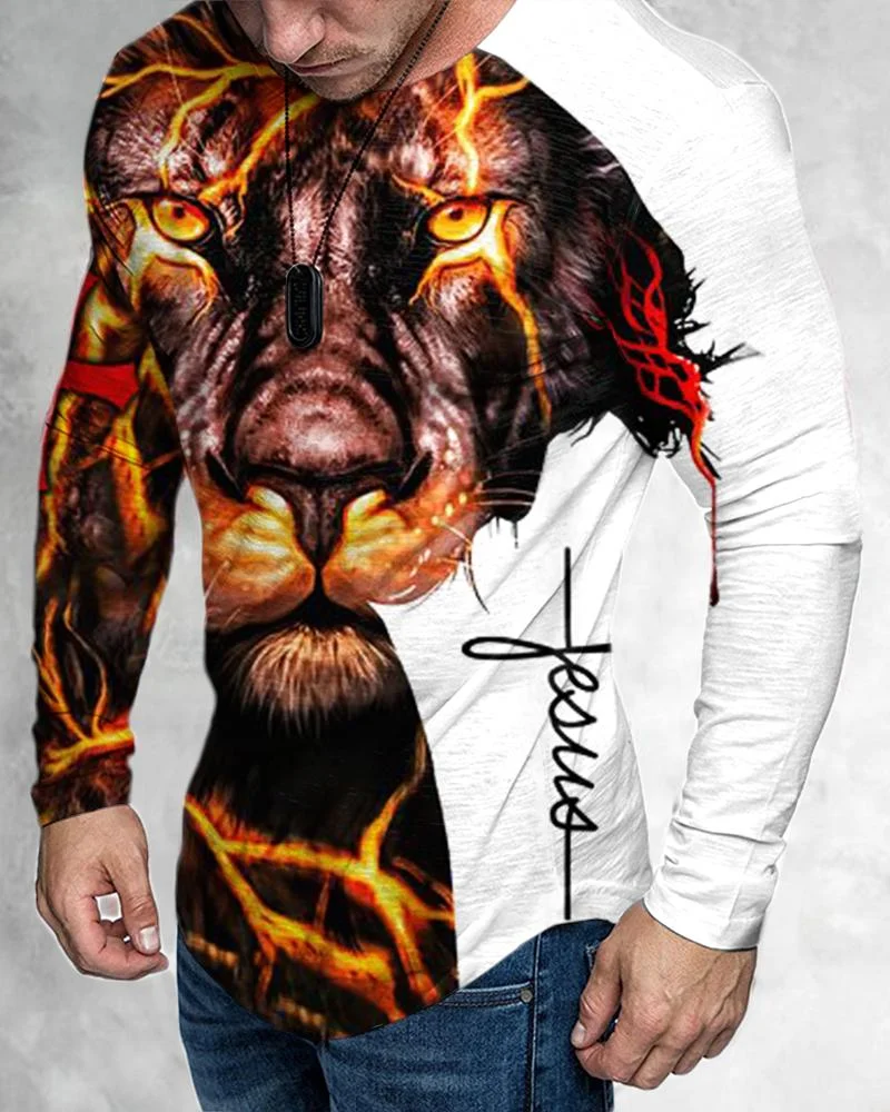 Men's Casual Long Sleeved Creative Lion Printing T-shirt