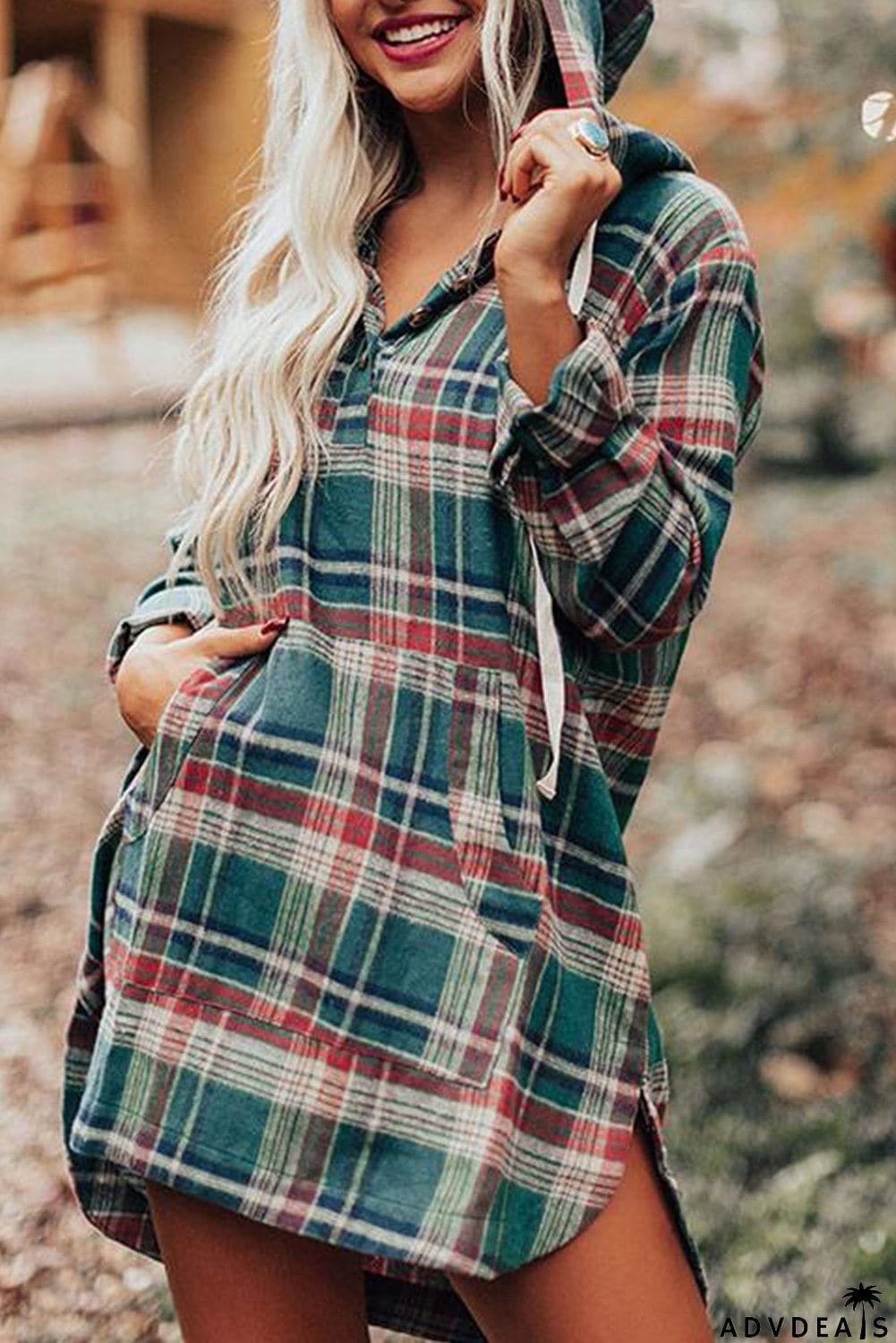 Hooded Button Placket Plaid Mini Dress with High/Low Hem