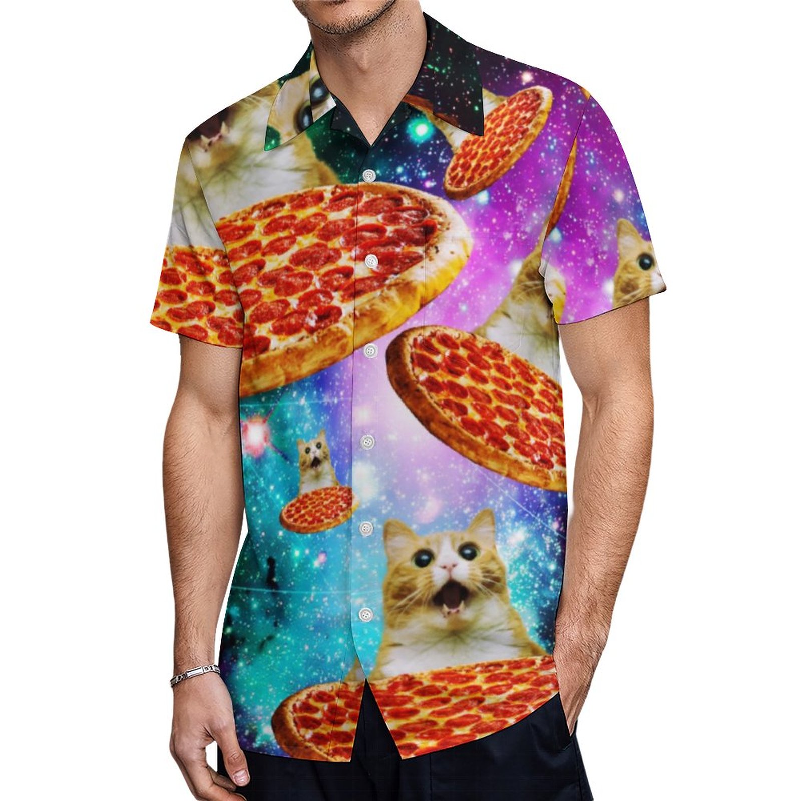 Funny Space Pizza Cat Hawaiian Shirt Mens Button Down Plus Size Tropical Hawaii Beach Shirts