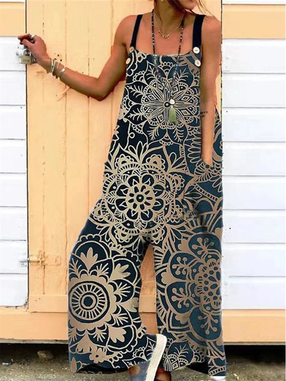 Women Sleeveless Square Collar Graphic Jumpsuit