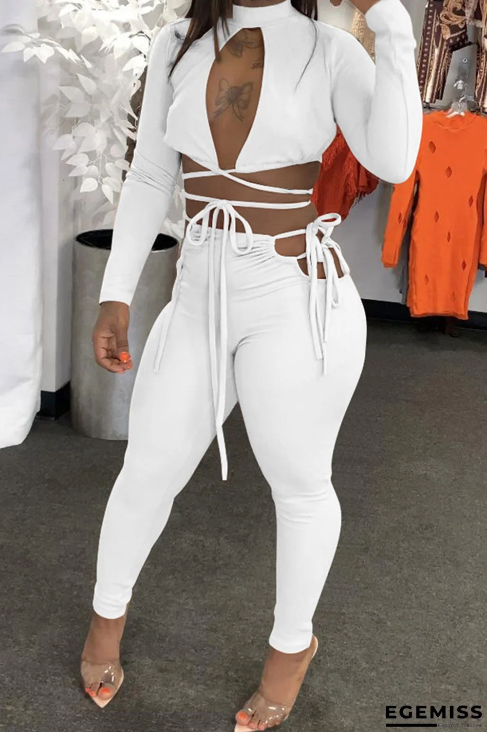 White Sexy Casual Solid Bandage Hollowed Out Half A Turtleneck Long Sleeve Two Pieces | EGEMISS