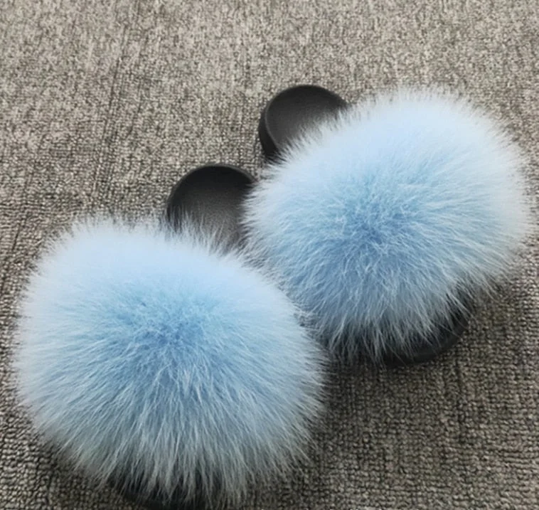 Hot Summer Women Fox Fur Slippers Real Fur Slides Female Indoor Flip Flops Casual Raccon Fur Sandals Furry Fluffy Plush Shoes