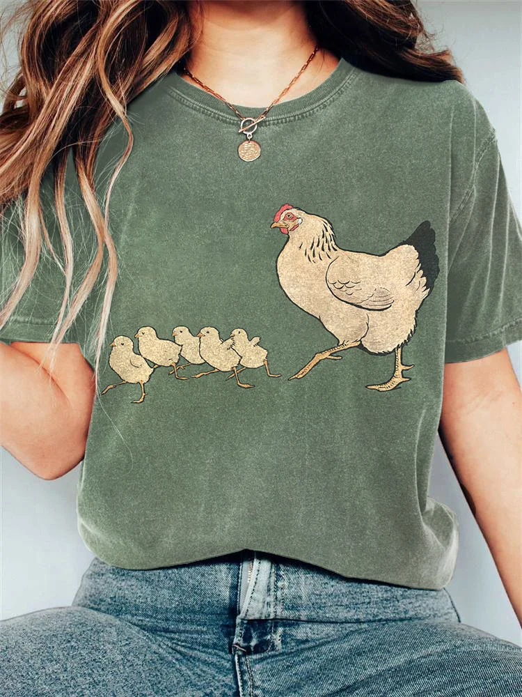 Comstylish Vintage Chicken Art Print Short Sleeve T-Shirt