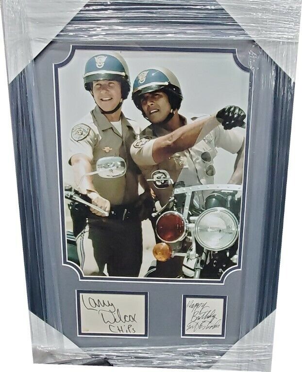 Erik Estrada Larry Wilcox Dual hand Signed Cuts CHiPs +Photo Poster painting Posing on Bikes BAS