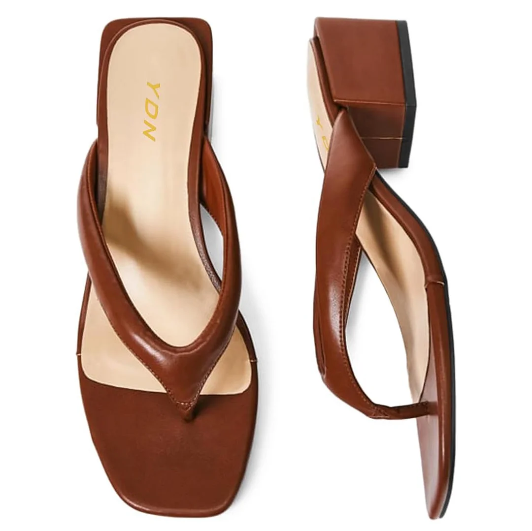 Brown Vegan Leather Open Square Toe Flip Flop Block Heel Slide Sandals