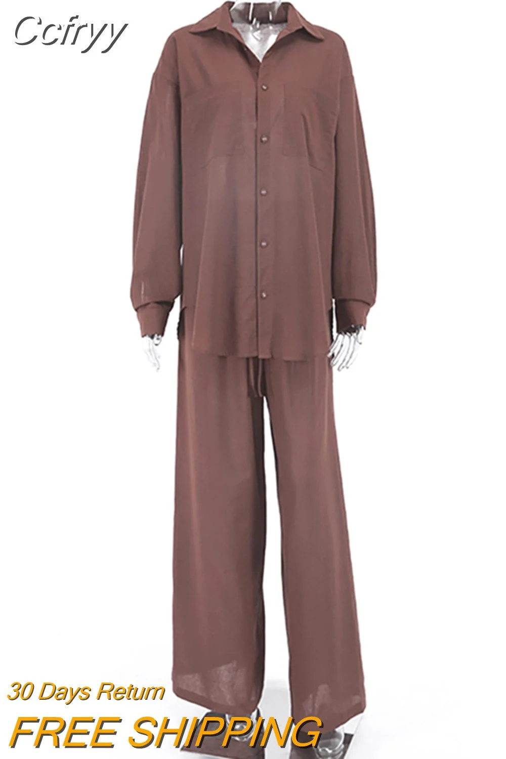 Huibahe Brown Suits Womens Fashion Two Piece Set Female Office Pantsuits Solid Loose Long Shirt And Pants Female Set Pockets