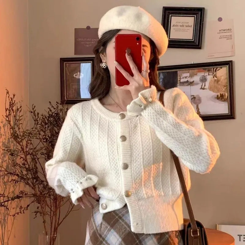 Churchf Churchf Version Autumn Winter Gentle Department Lotus Leaf Sleeve Sweet Wind Round Collar Sweater Female Design Feeling Nail Bead Knit Cardigan Jacket Tide