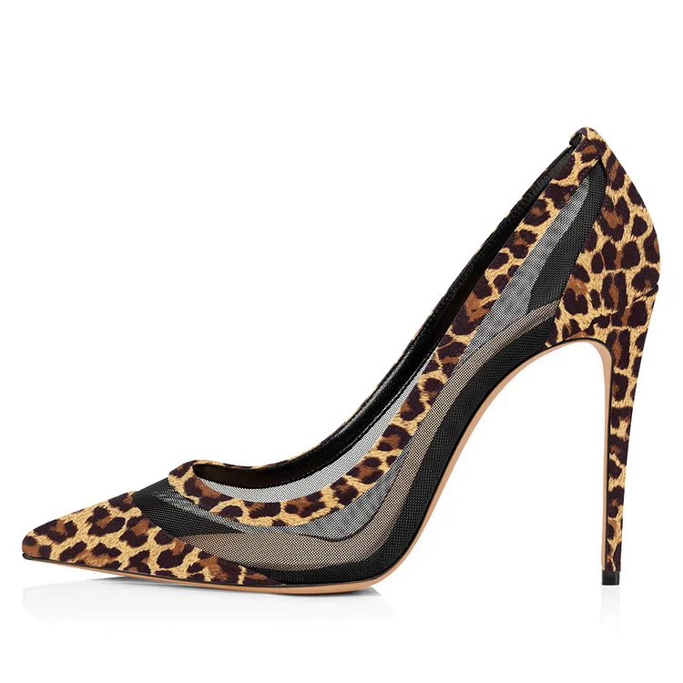 Leopard Print Heels Net Pointy Toe Stiletto Heel Pumps |FSJ Shoes