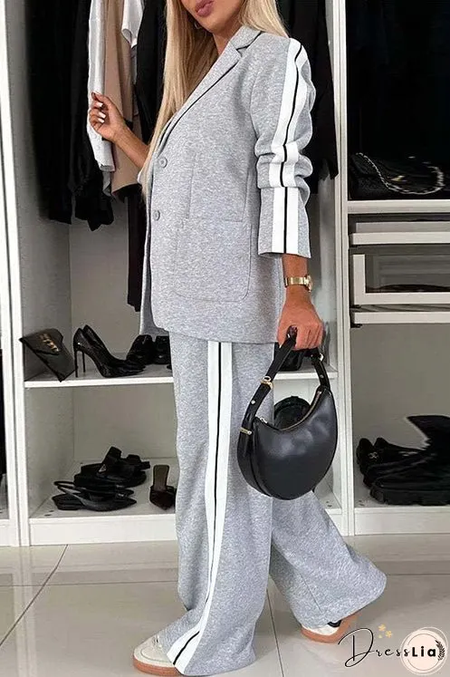 Meridress Patchwork Notch Lapel Pocketed Blazer Elastic Waist Wide Leg Pants Casual Set