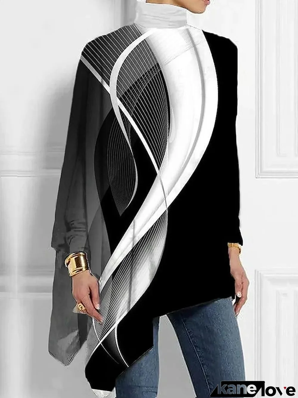 Women's Plus Size Shirt Blouse Butterfly Star Casual Silver Black White Print Asymmetric Long Sleeve Basic Turtleneck High Neck Regular Fit Spring Fall