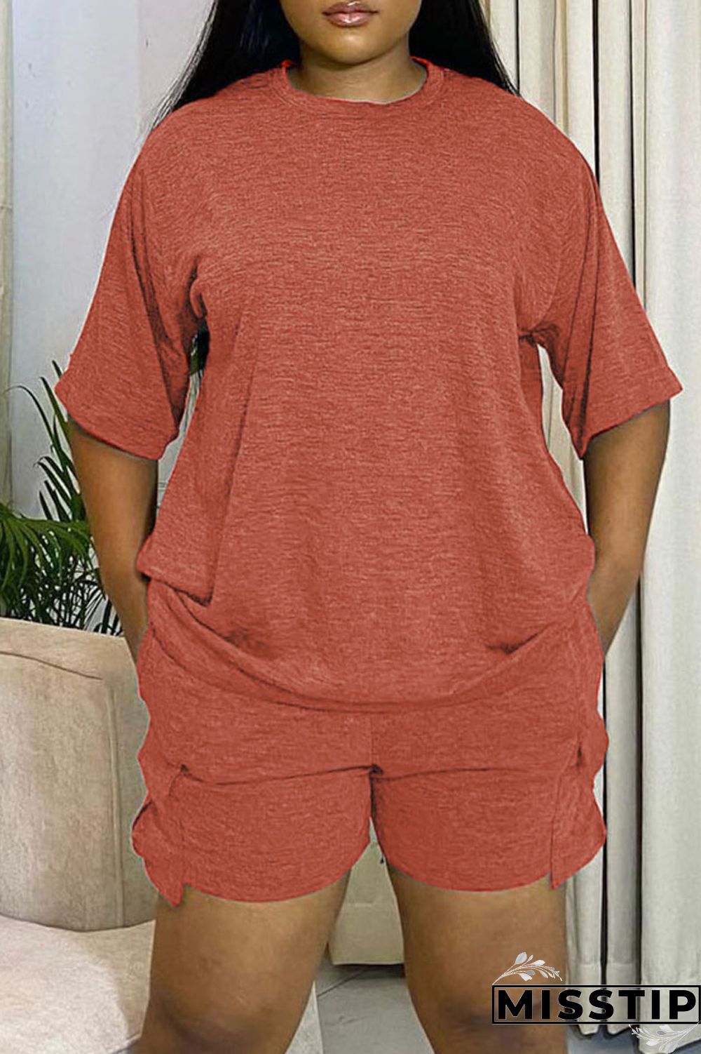 Orange Red Casual Solid Patchwork O Neck Short Sleeve Two Pieces