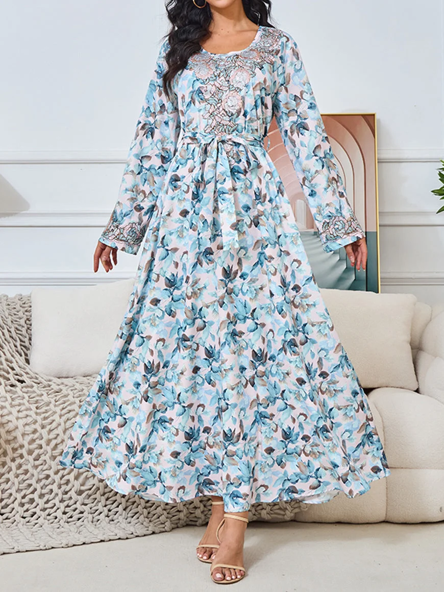 Women's Long Sleeve V-neck Sequins Graphic Printed Maxi Dress