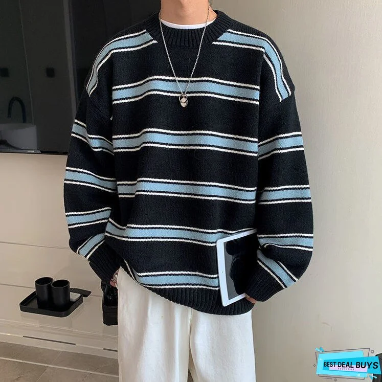 Striped Sweater Men Round Neck Winter Pullover Sweater Korean Fashion Harajuku Loose Wild Long Sleeve Sweater Oversize