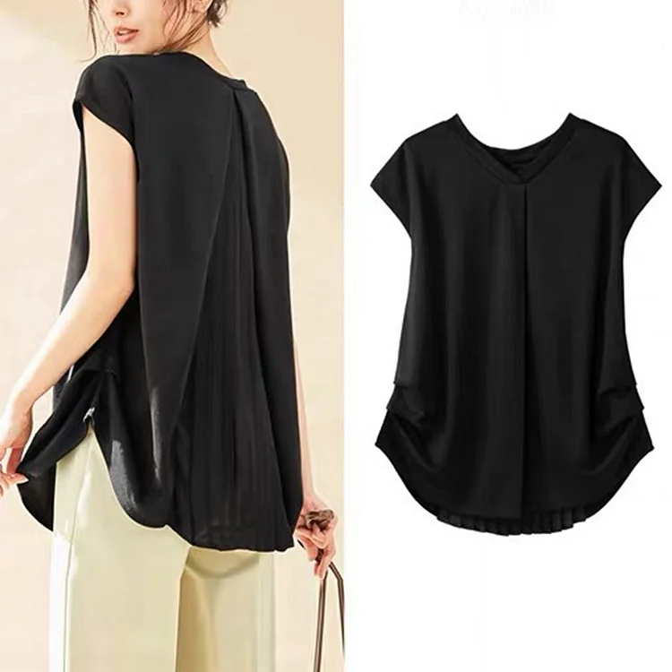 Casual Ruched Short Sleeve Chiffon Shirts & Tops QueenFunky