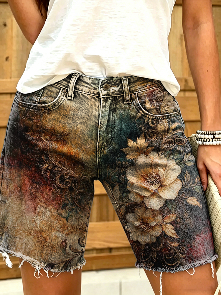 Women's Retro Ethnic Floral Art Print Casual Washed Cotton Denim Shorts