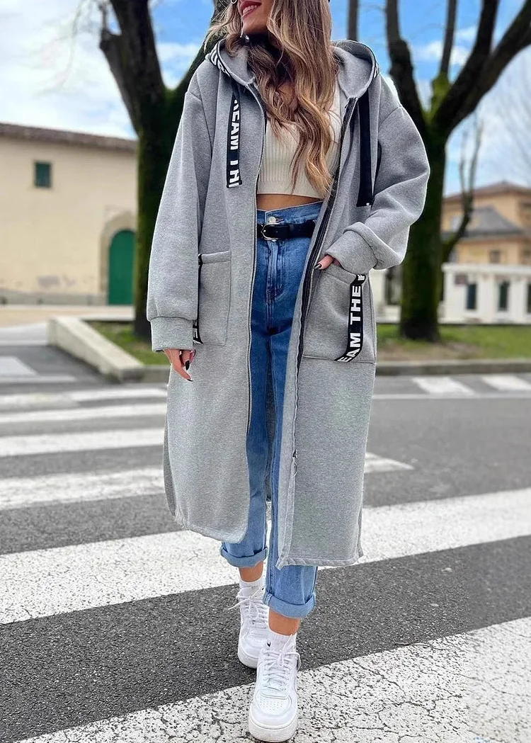 Casual Grey Pockets Warm Fleece Hoodies Outwear Fall