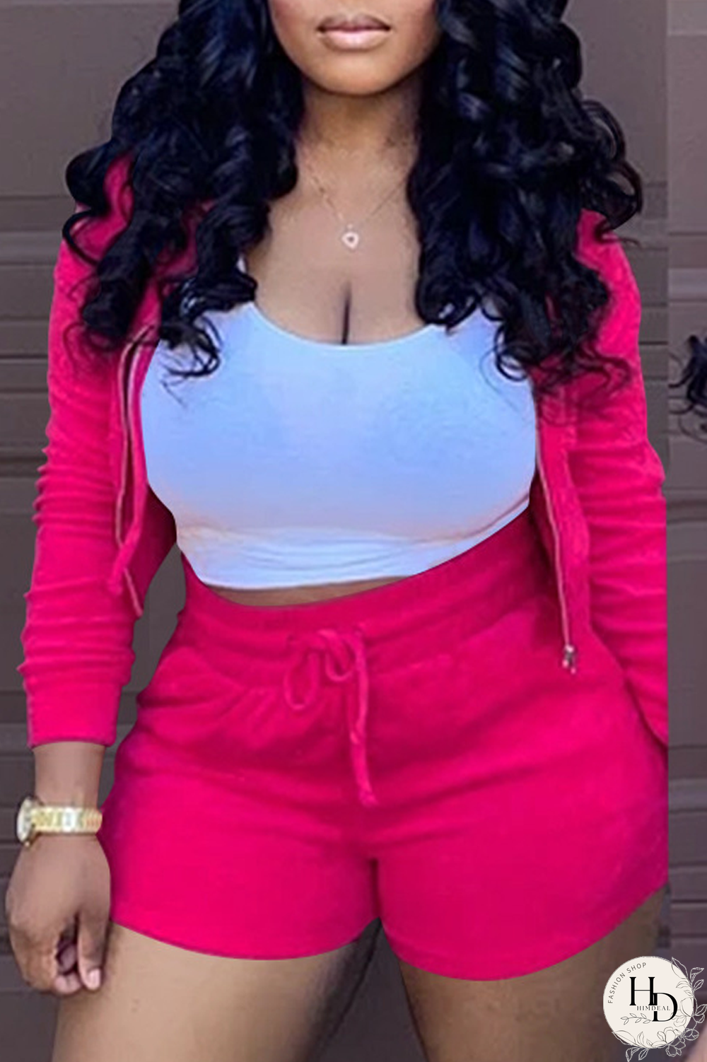 Rose Red Casual Solid Split Joint Hooded Collar Long Sleeve Two Pieces