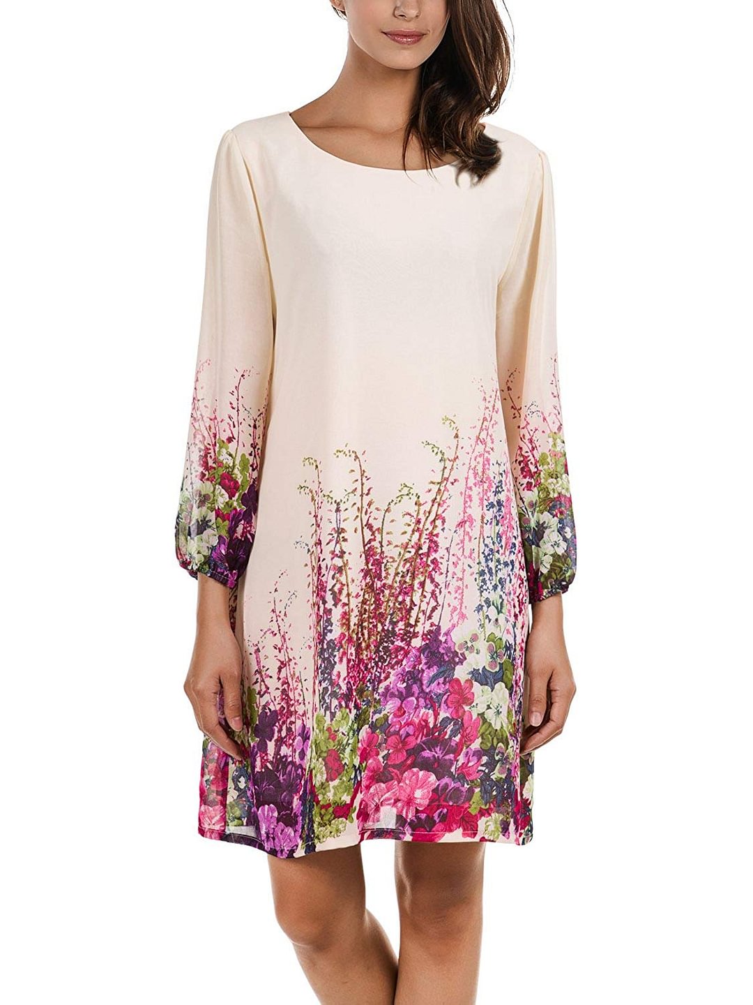 Women's Floral Pattern 3/4 Sleeve Loose Fit Chiffon Tunic Dress