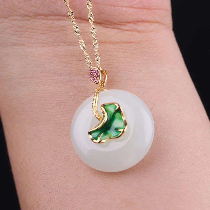 925 Sterling Silver White Jade Lotus Flower Leaf Protection Necklace Pendant