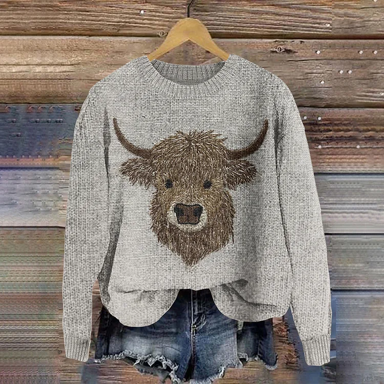 VChics Highland Cow Print Casual Pullover Knitted Sweater