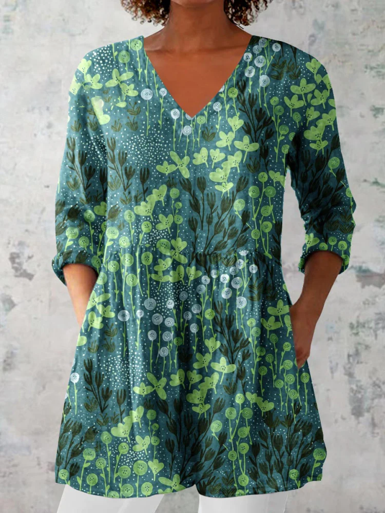 Womens  Elegant Floral Pattern Casual Linen V-Neck Shirt