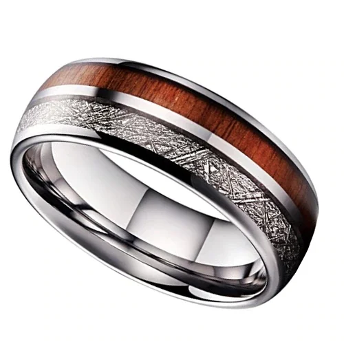 Women's Or Men's Tungsten Carbide Wedding Band Matching Rings,Domed Tungsten Carbide Ring With Wood and Inspired Meteorite Inlay Rings With Mens And Womens For Width 4MM 6MM 8MM 10MM