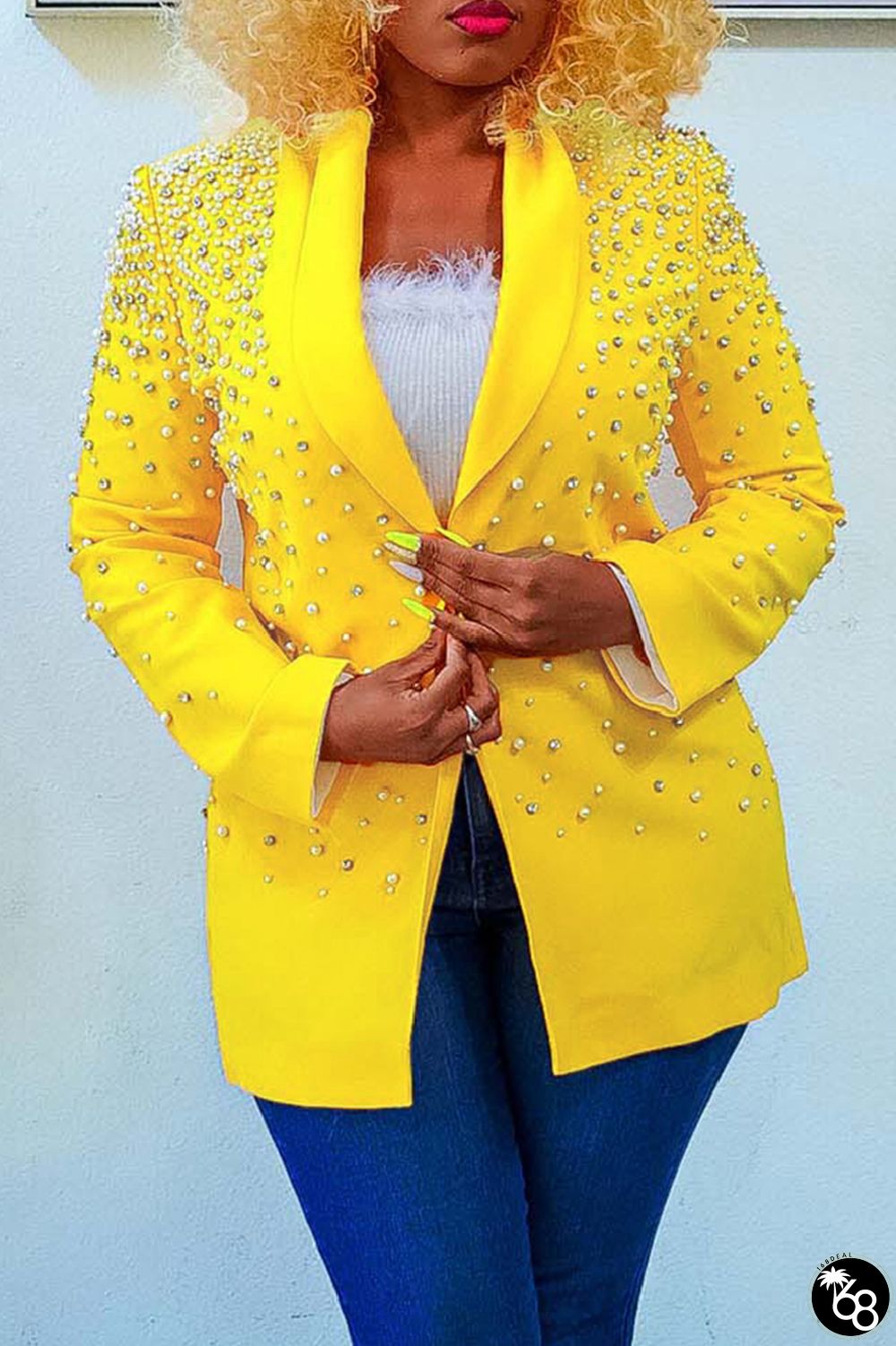 Yellow Casual Daily Solid Patchwork Beading Turn-back Collar Outerwear | 168DEAL