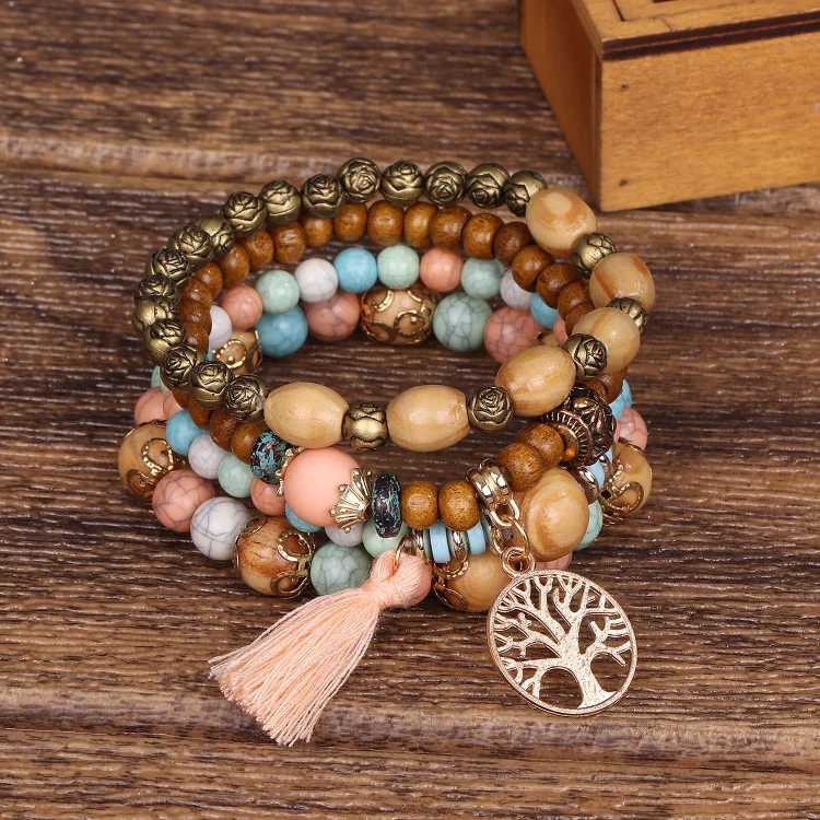 Boho Multi-layered Wooden Beaded Bracelet
