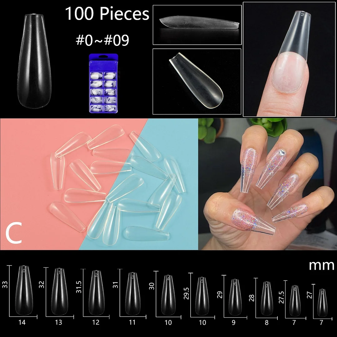 100pcs/set 10 Sizes Full Cover False Nail Tips Ballerina Coffin Fake Nails Square Stiletto French Acrylic Press On Nails-Nail Inspo