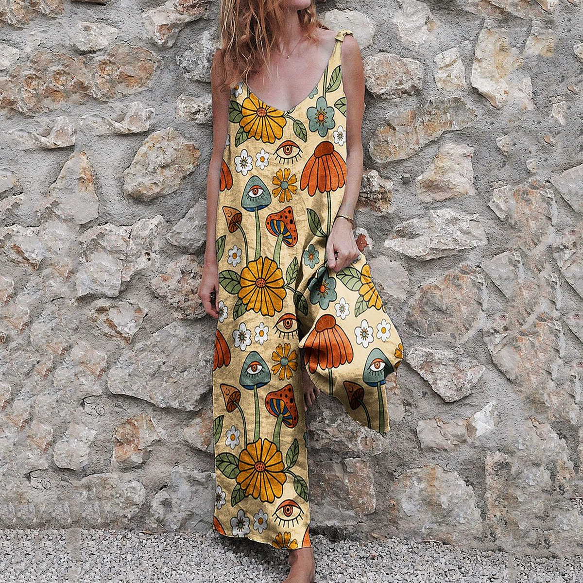 Vintage Hippie Vibe Peace And Love Hippie 70s Floral Pattern Casual Art Linen Loose Casual Jumpsuit artswardrobe