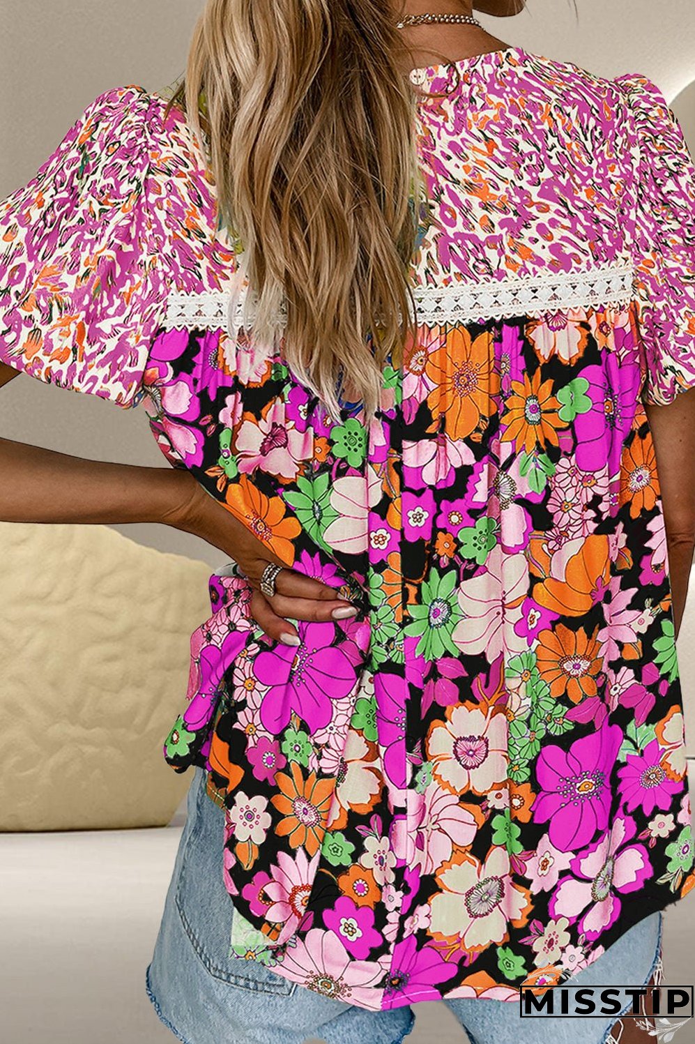 Printed Round Neck Puff Sleeve Blouse