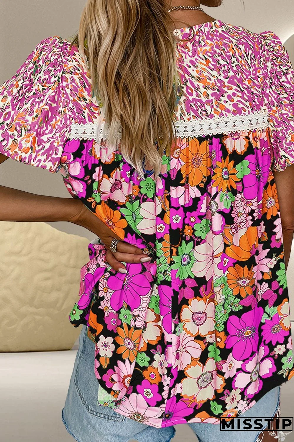 Printed Round Neck Puff Sleeve Blouse