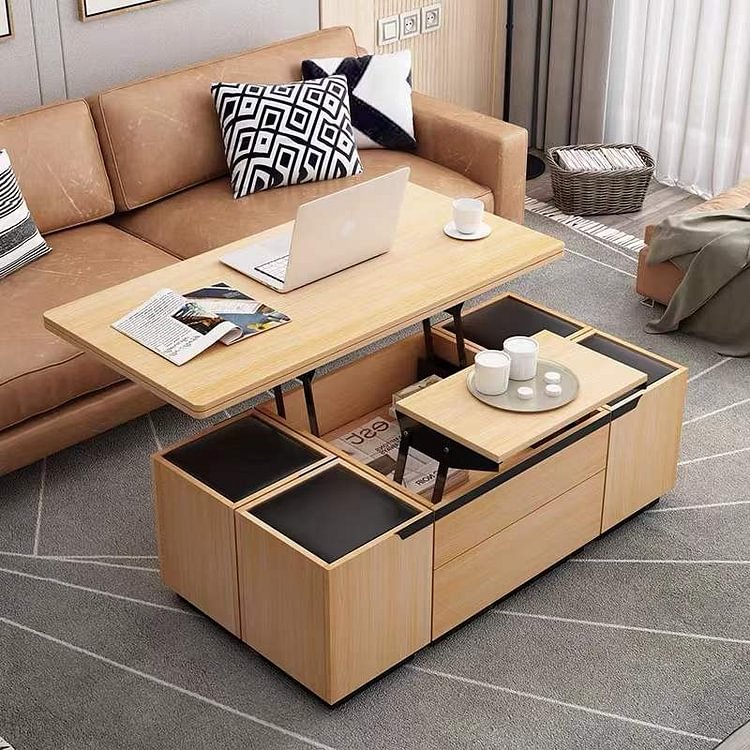 Homemys Multifunctional  Lift Top Folding Wood Coffee Table, Desk, Dining Table with 4 Stools
